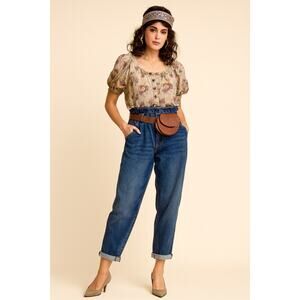 KanCan Women Flattering Vintage-Style Ruffle Waist Jean High Rise Rolled Hem 30